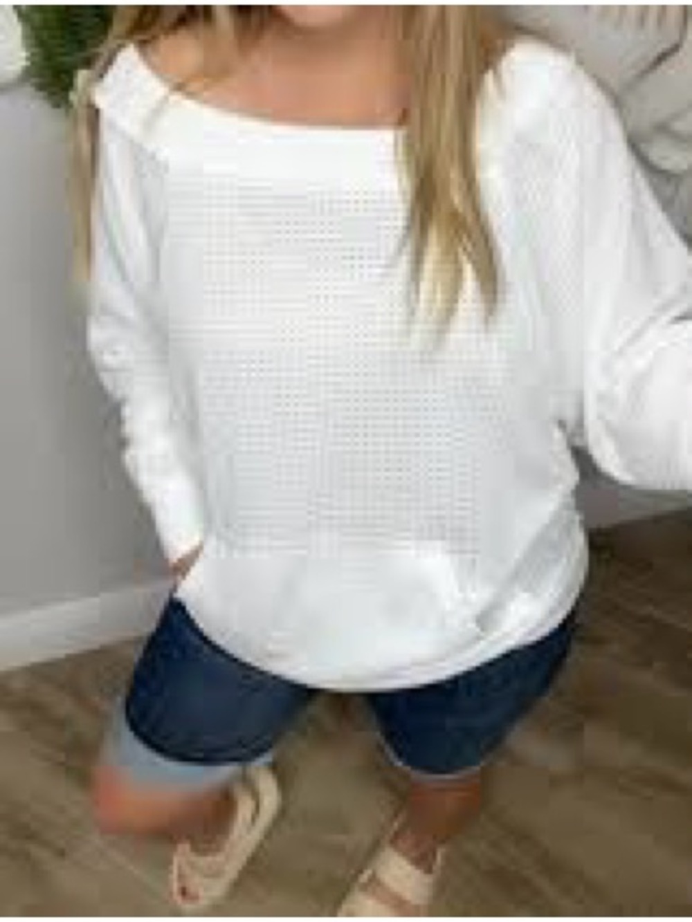 Boutique Women's Off-Shoulder White Waffle- Knit Sweater - Classic Casual NWT